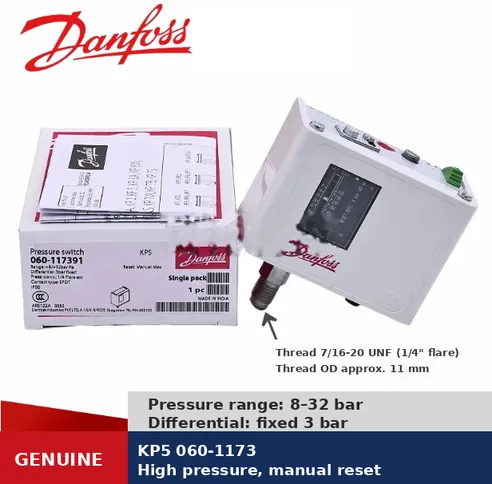 Danfoss KP5 060-1173 High Pressure Switch 8-32 bar, Manual Reset